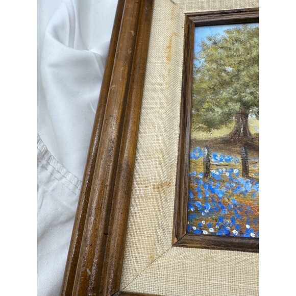 Vintage Bluebonnets In Field Texas Oil Painting Artwork In Mini Wood Frame - Picture 7 of 15